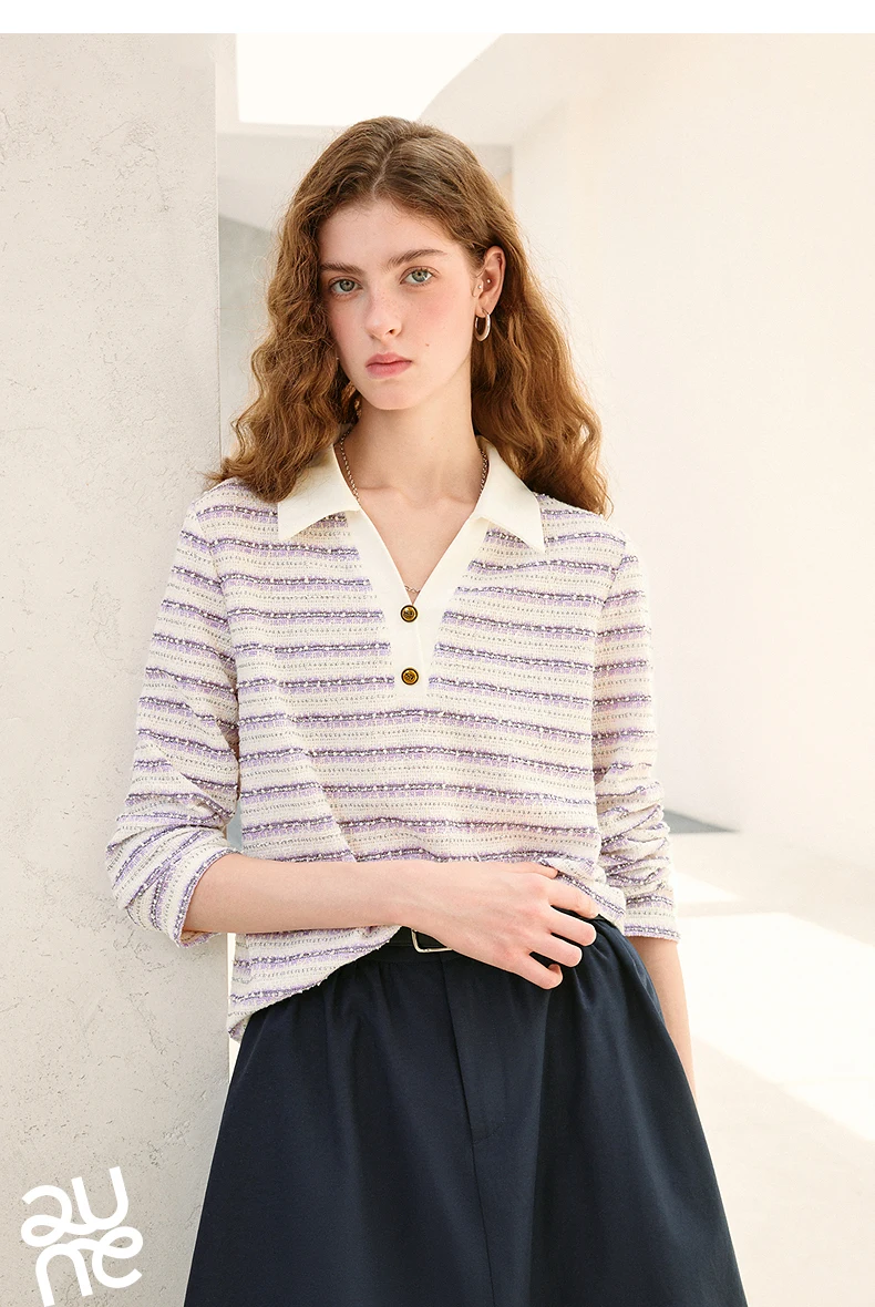 TOYOUTH Women's Long Sleeve Polo T Shirt 2026 Autumn New Melange Textured Stripe Tweed Style Light French Chic Casual Tops