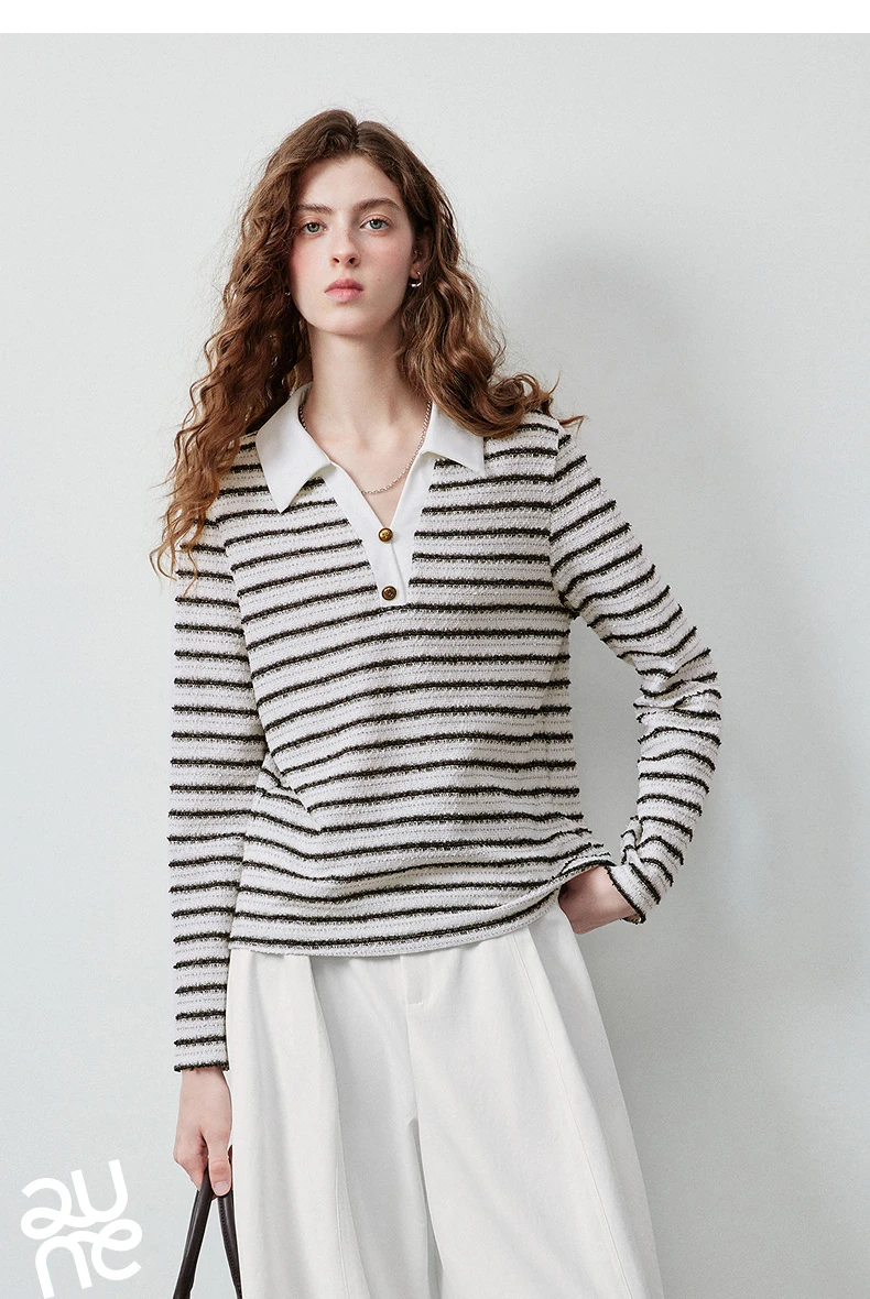 TOYOUTH Women's Long Sleeve Polo T Shirt 2026 Autumn New Melange Textured Stripe Tweed Style Light French Chic Casual Tops