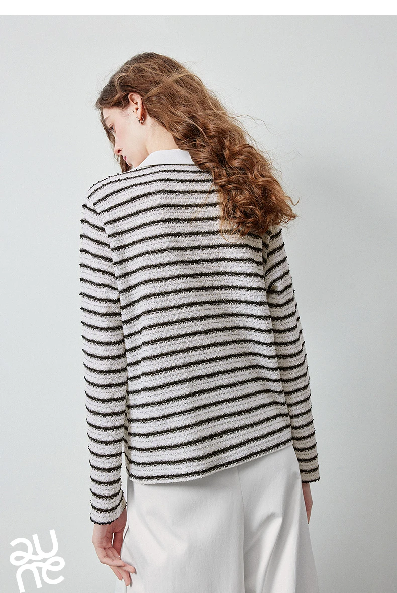 TOYOUTH Women's Long Sleeve Polo T Shirt 2026 Autumn New Melange Textured Stripe Tweed Style Light French Chic Casual Tops