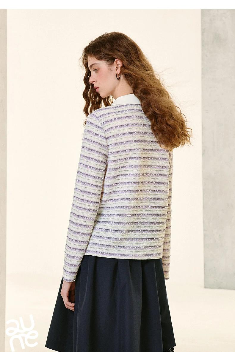 TOYOUTH Women's Long Sleeve Polo T Shirt 2026 Autumn New Melange Textured Stripe Tweed Style Light French Chic Casual Tops