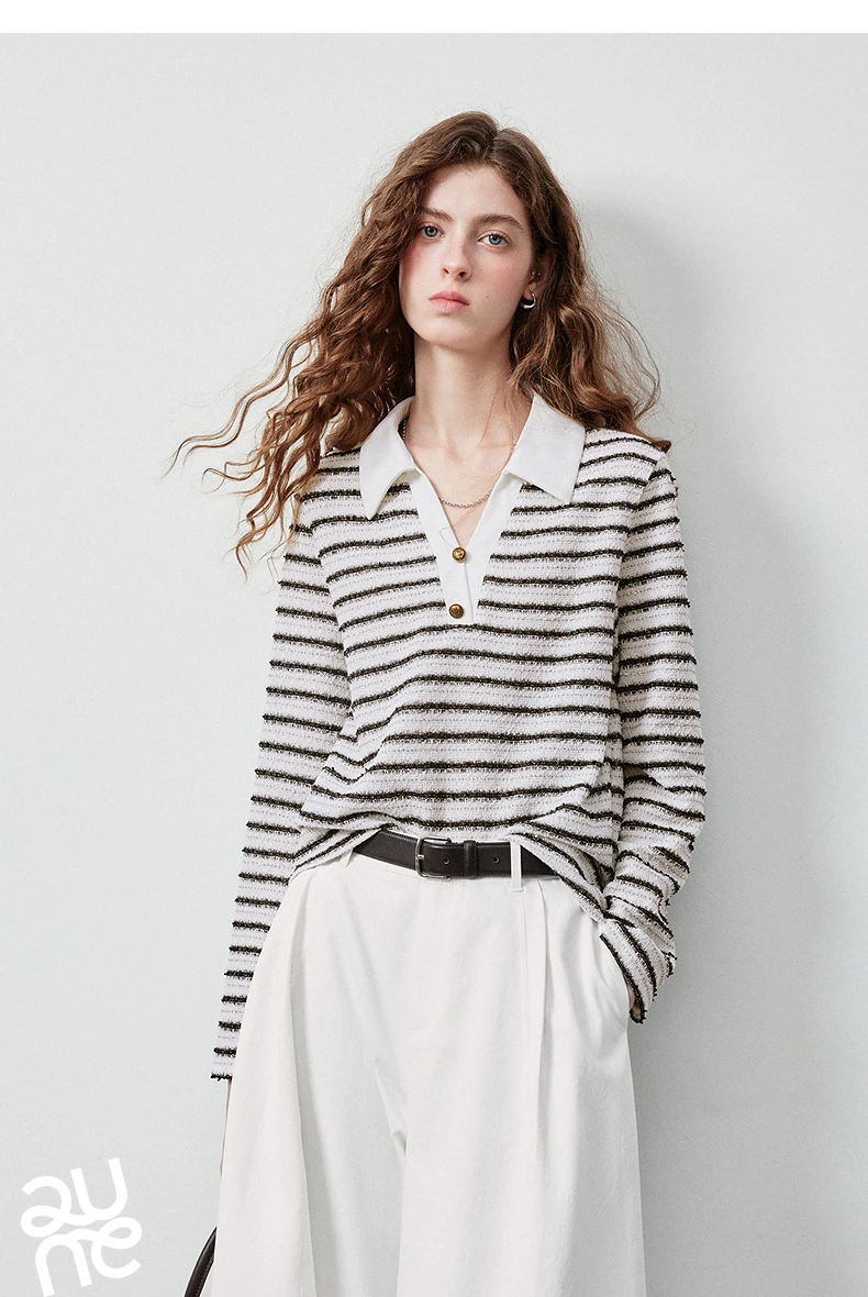 TOYOUTH Women's Long Sleeve Polo T Shirt 2026 Autumn New Melange Textured Stripe Tweed Style Light French Chic Casual Tops