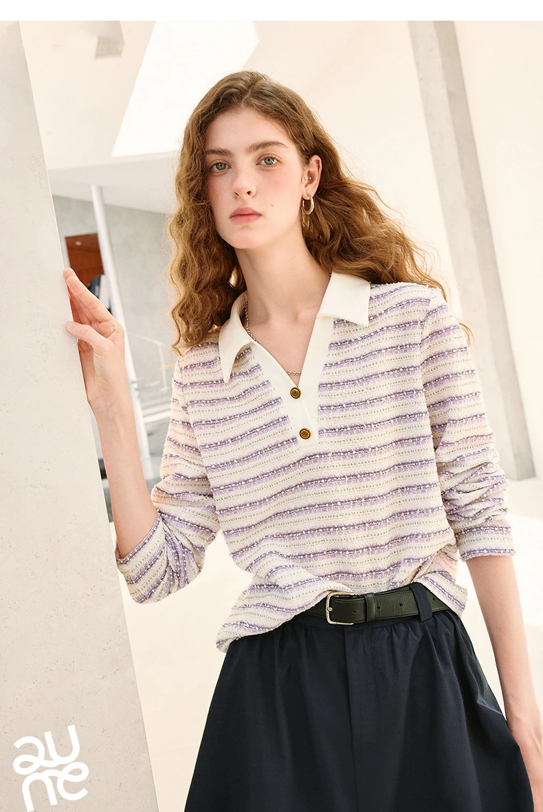 TOYOUTH Women's Long Sleeve Polo T Shirt 2026 Autumn New Melange Textured Stripe Tweed Style Light French Chic Casual Tops