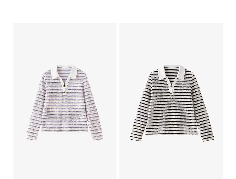 TOYOUTH Women's Long Sleeve Polo T Shirt 2026 Autumn New Melange Textured Stripe Tweed Style Light French Chic Casual Tops