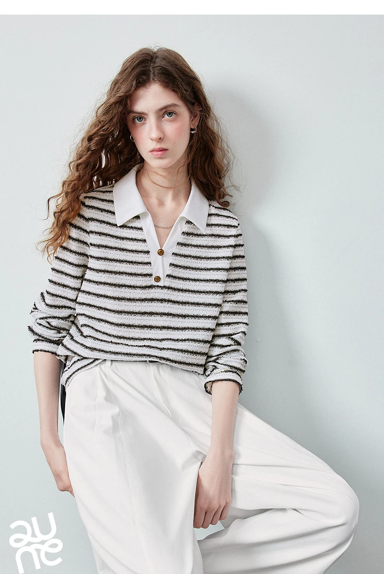 TOYOUTH Women's Long Sleeve Polo T Shirt 2026 Autumn New Melange Textured Stripe Tweed Style Light French Chic Casual Tops
