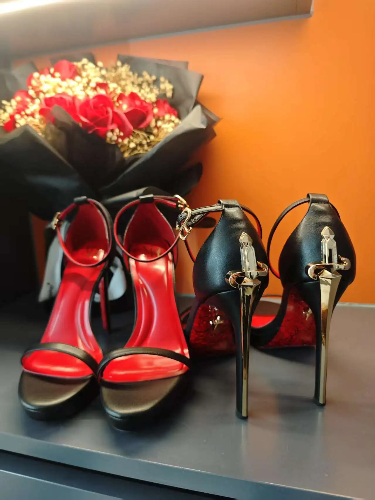 Purcoral 2026 New Women's Pumps and Heels in High-Heeled Sandalia Red Sole and Gold Logo Sandalias De Mujer