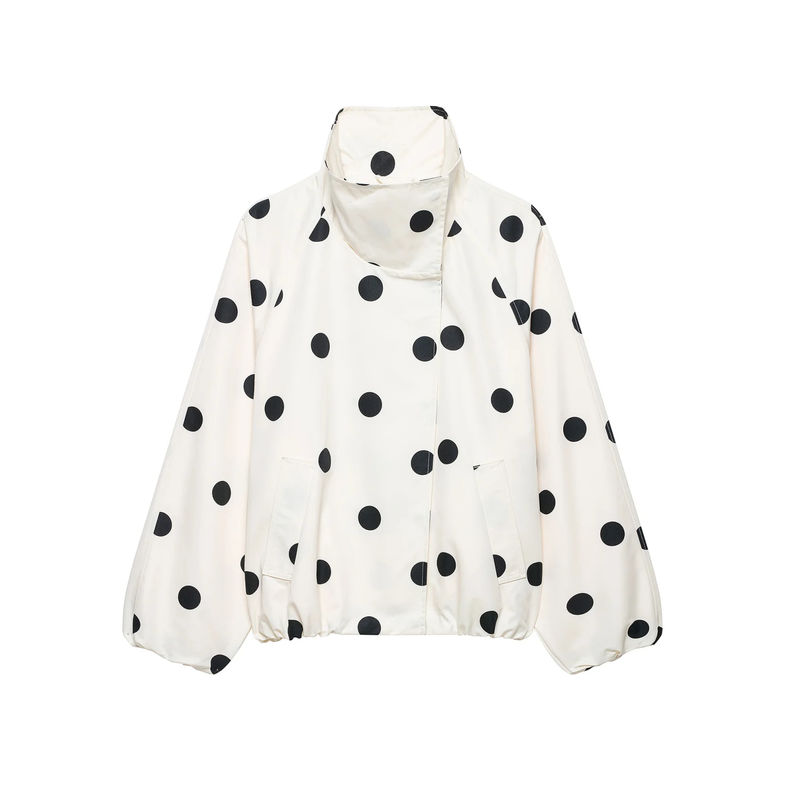 Women Fashion Vintage Polka Dots Pocket Stand Collar Jacket Spring Autumn Long Sleeve Jacket Holiday Outfits For Women