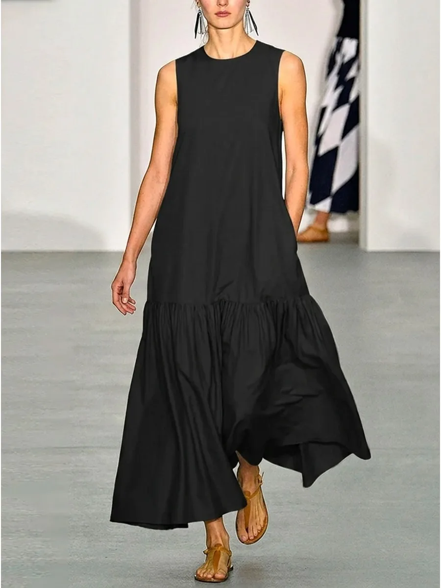 Women's Solid Black Sleeveless Crew Neck Maxi Dress Ruffled Hem Flowy Casual Long Dress 2026 Summer Casual Vacation Dresses