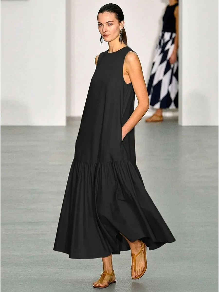 Women's Solid Black Sleeveless Crew Neck Maxi Dress Ruffled Hem Flowy Casual Long Dress 2026 Summer Casual Vacation Dresses