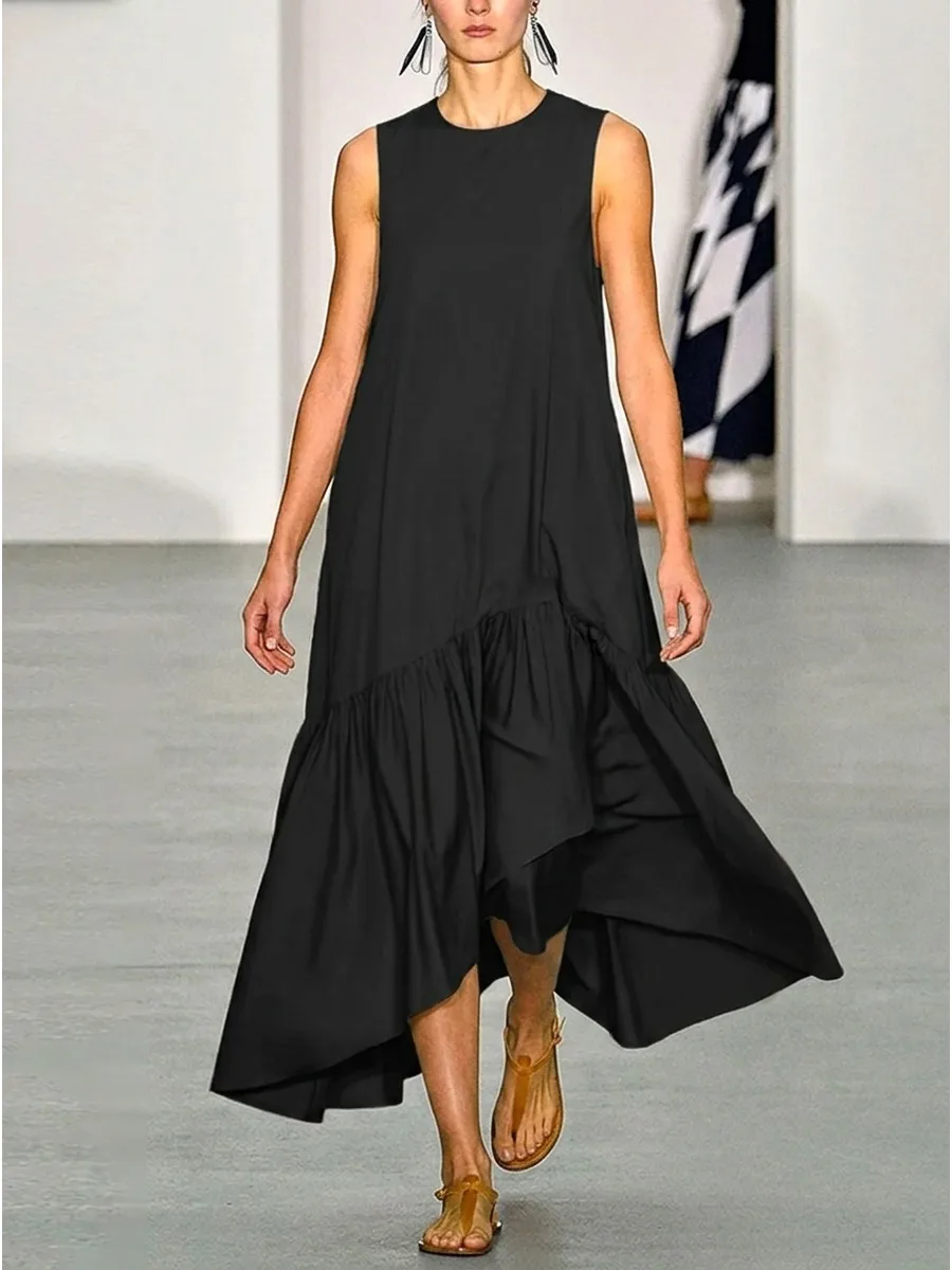 Women's Solid Black Sleeveless Crew Neck Maxi Dress Ruffled Hem Flowy Casual Long Dress 2026 Summer Casual Vacation Dresses