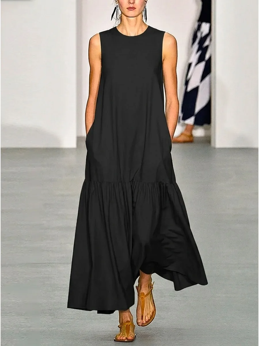 Women's Solid Black Sleeveless Crew Neck Maxi Dress Ruffled Hem Flowy Casual Long Dress 2026 Summer Casual Vacation Dresses