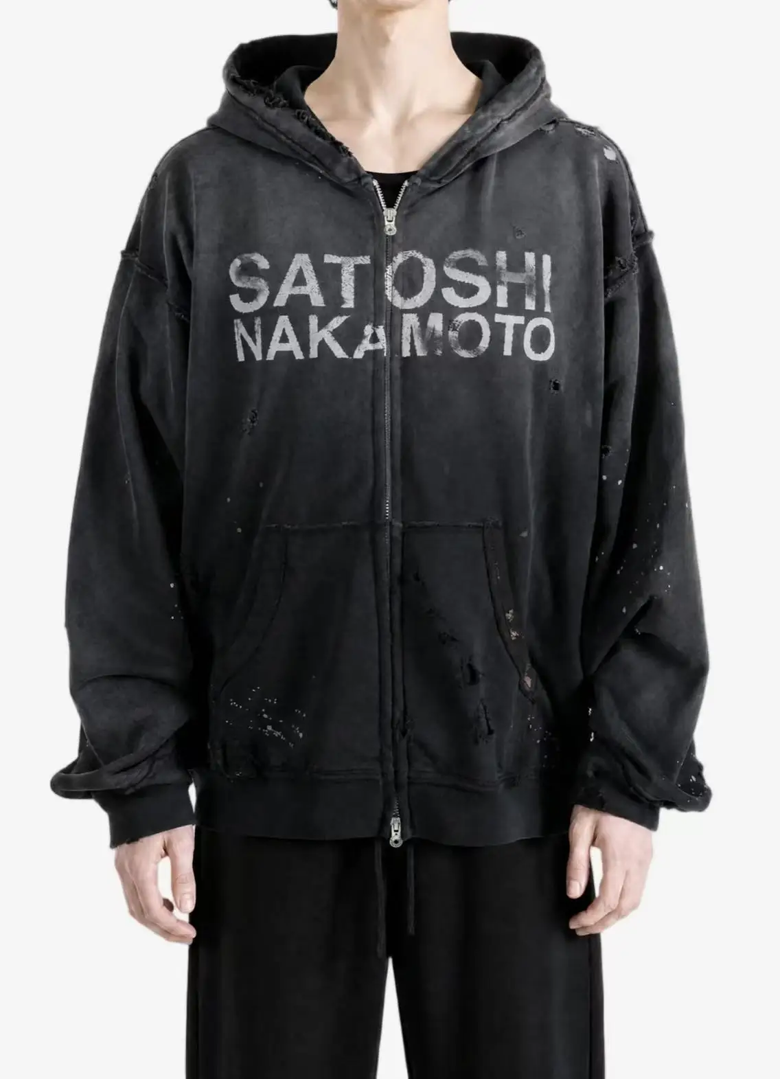 WASHED SATOSHI NAKAMOTO 26SS Luke Logo-Printed Hole Cardigan Hoodie Men Women High Quality Heavy Fabric Hooded Pullover