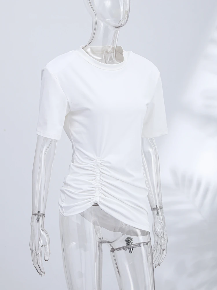 Women's Casual Commuting Clothing Trendy Minimalist White Padded Shoulder T-shirt Cozy Oversized Crew Neck Short Sleeve Tee Tops