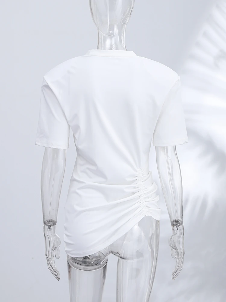 Women's Casual Commuting Clothing Trendy Minimalist White Padded Shoulder T-shirt Cozy Oversized Crew Neck Short Sleeve Tee Tops