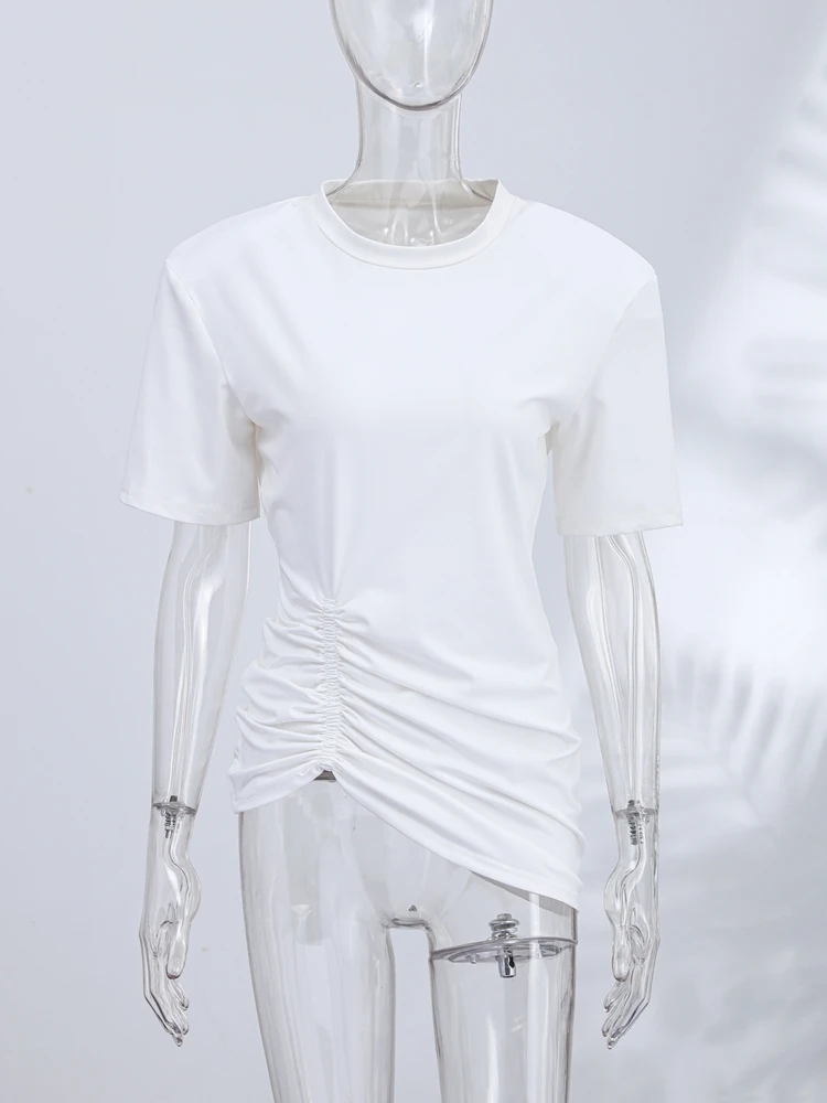 Women's Casual Commuting Clothing Trendy Minimalist White Padded Shoulder T-shirt Cozy Oversized Crew Neck Short Sleeve Tee Tops