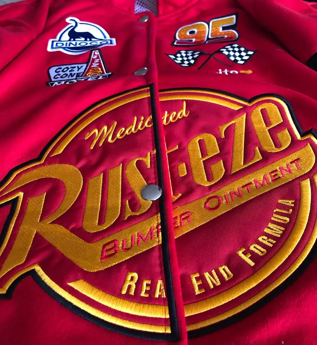 Men Red Flame Lightning McQueen 95 Racing Bomber Jacket Vintage Rusteze Print Motorcycle Baseball Coat Hip Hop Streetwear