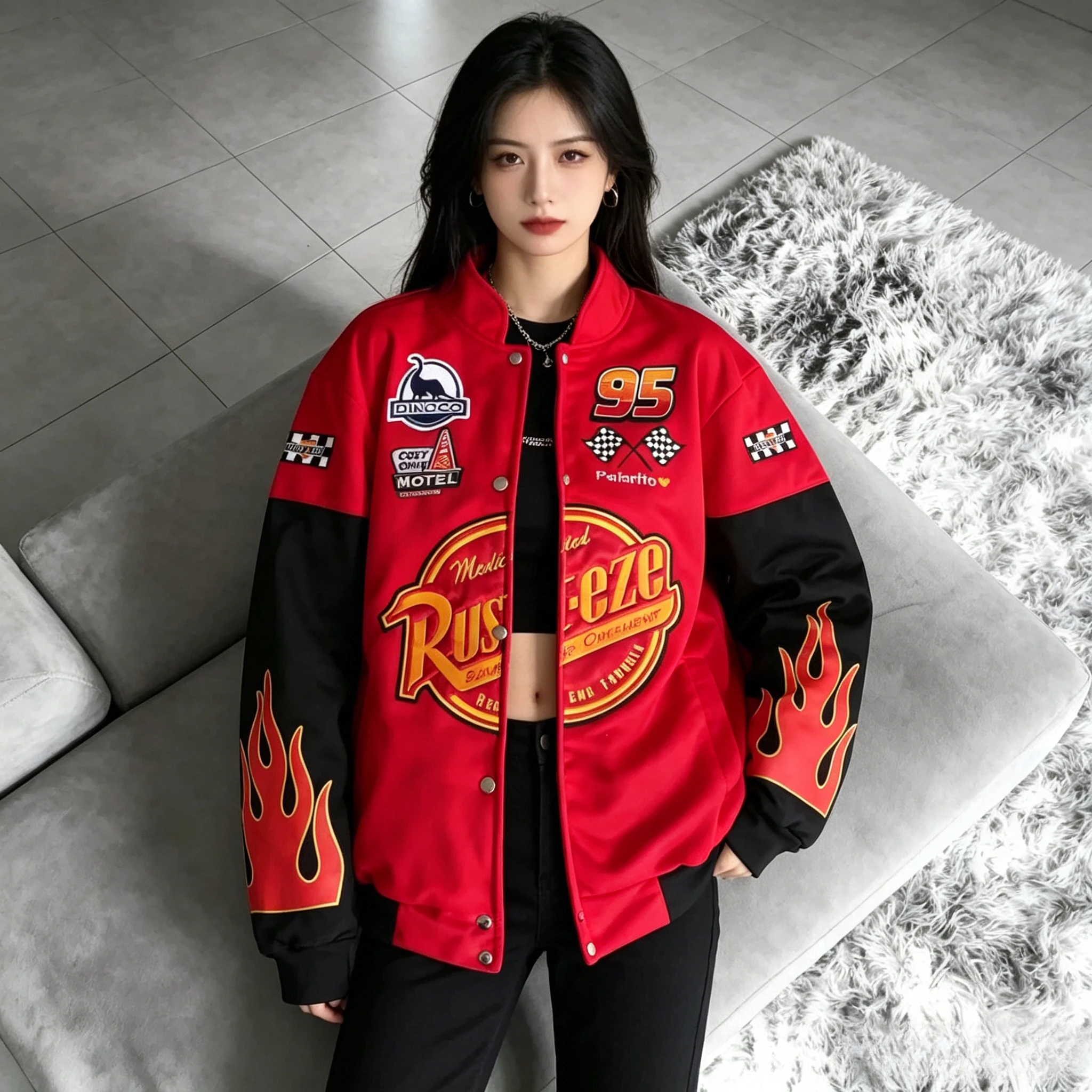 Men Red Flame Lightning McQueen 95 Racing Bomber Jacket Vintage Rusteze Print Motorcycle Baseball Coat Hip Hop Streetwear