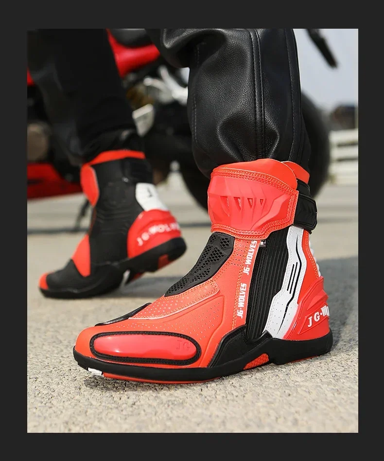 High Top Motorbike Boots Racing Riding Shoes Breathable Anti Slip TPU Protective Side Zipper Rubber Sole Motorcycle Boots Men