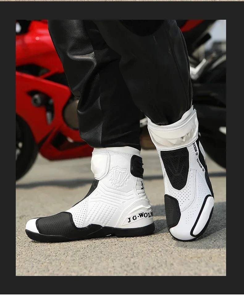 High Top Motorbike Boots Racing Riding Shoes Breathable Anti Slip TPU Protective Side Zipper Rubber Sole Motorcycle Boots Men