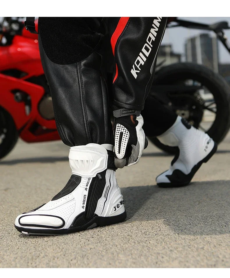 High Top Motorbike Boots Racing Riding Shoes Breathable Anti Slip TPU Protective Side Zipper Rubber Sole Motorcycle Boots Men