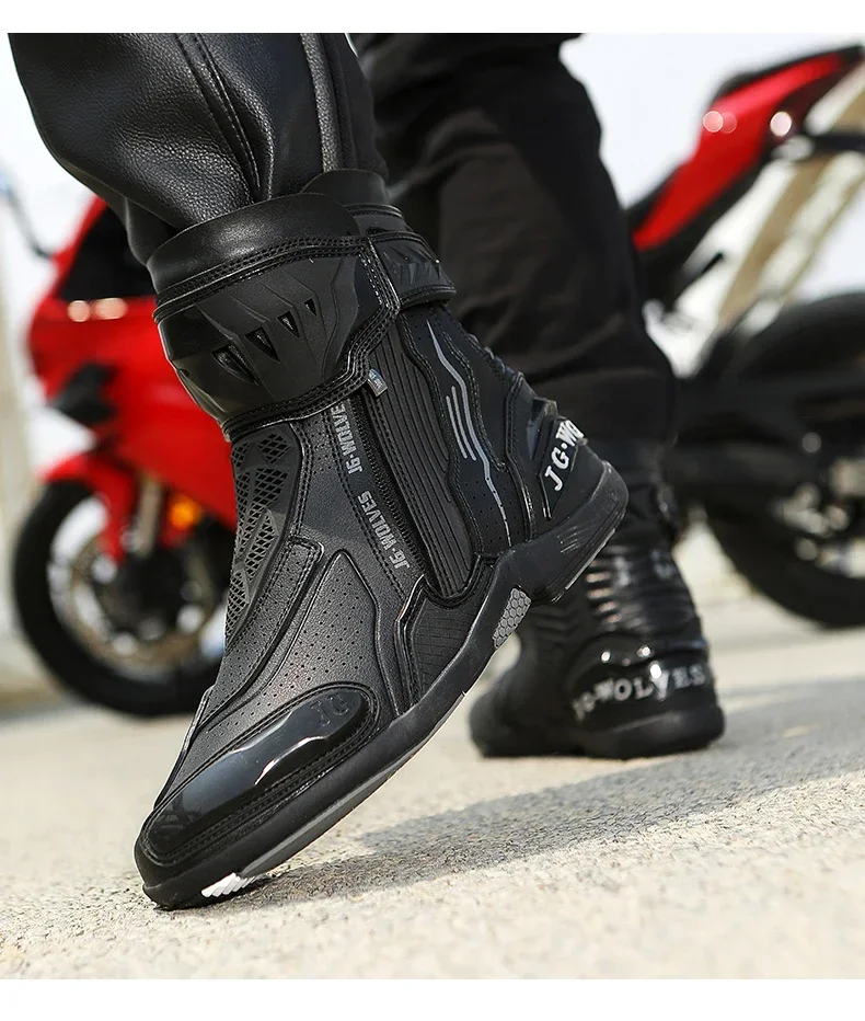 High Top Motorbike Boots Racing Riding Shoes Breathable Anti Slip TPU Protective Side Zipper Rubber Sole Motorcycle Boots Men