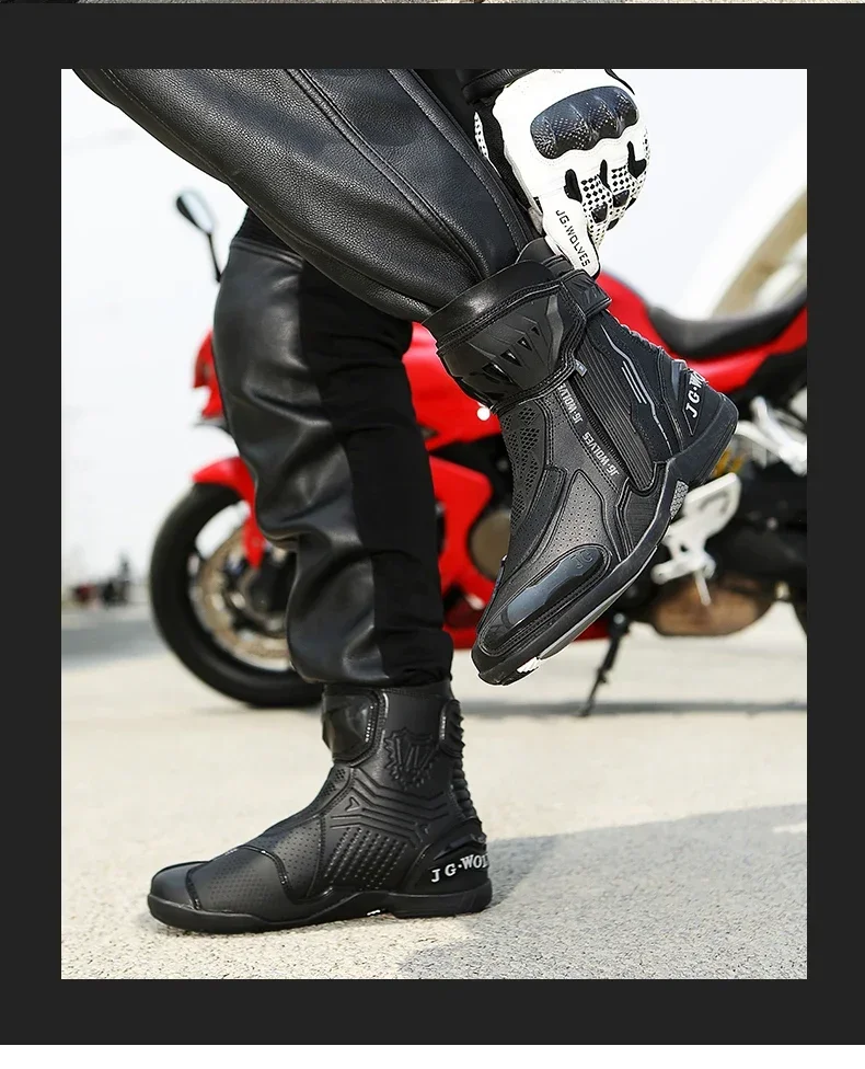High Top Motorbike Boots Racing Riding Shoes Breathable Anti Slip TPU Protective Side Zipper Rubber Sole Motorcycle Boots Men