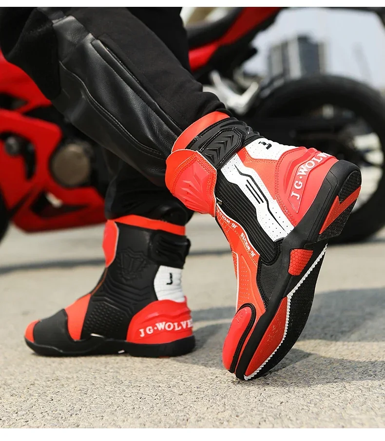 High Top Motorbike Boots Racing Riding Shoes Breathable Anti Slip TPU Protective Side Zipper Rubber Sole Motorcycle Boots Men