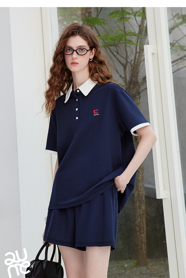 TOYOUTH Qingcongquan Women's Polo Shirt Shorts Two Piece Set 2026 Autumn New Color Block Preppy Style Casual Sports Outfits