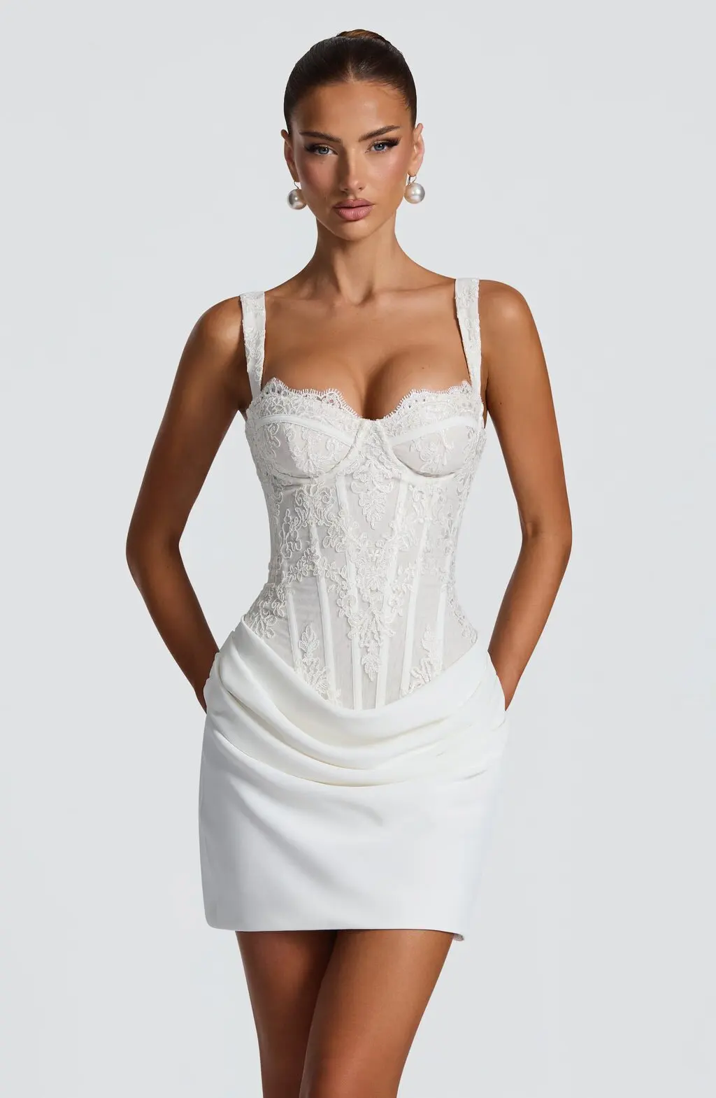 White Lace Patchwork Corset Mini Dress Women Sleeveless Lace Up Draped Bodycon Dress Elegant Wedding Guest Evening Party Vestido
