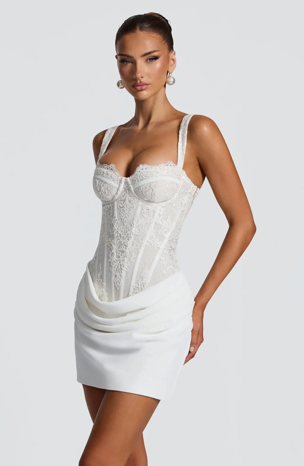 White Lace Patchwork Corset Mini Dress Women Sleeveless Lace Up Draped Bodycon Dress Elegant Wedding Guest Evening Party Vestido
