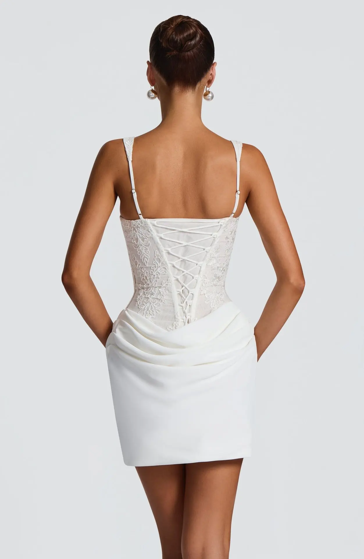 White Lace Patchwork Corset Mini Dress Women Sleeveless Lace Up Draped Bodycon Dress Elegant Wedding Guest Evening Party Vestido