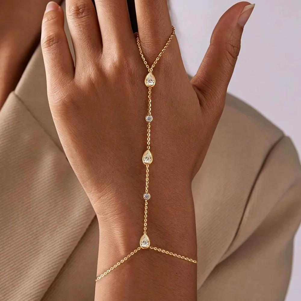 Bezel Set Round Pear Moissanite Bracelets for Women Adjustable Wrist Chain Finger Ring Bracelet 925 Sterling Silver Jewelry Gift