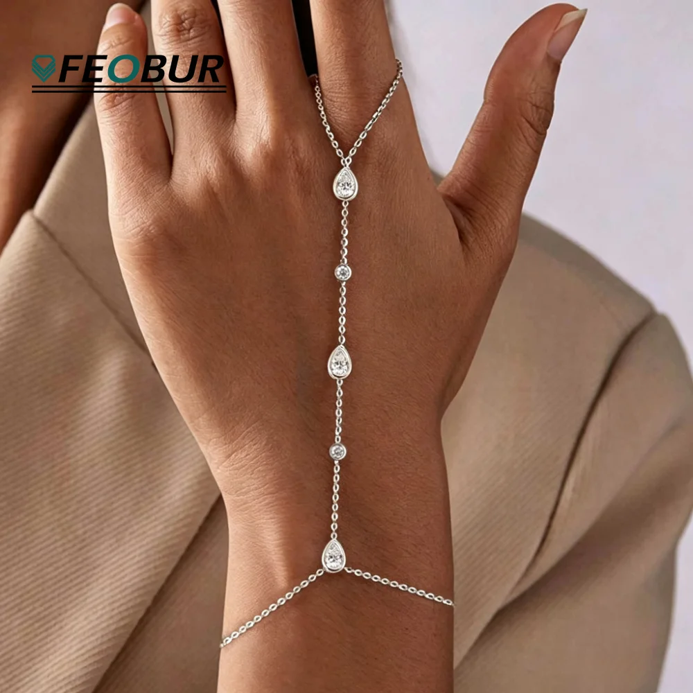 Bezel Set Round Pear Moissanite Bracelets for Women Adjustable Wrist Chain Finger Ring Bracelet 925 Sterling Silver Jewelry Gift