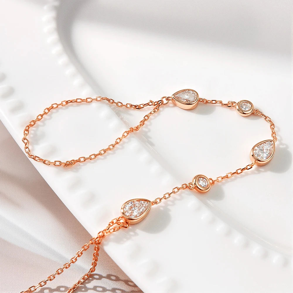 Bezel Set Round Pear Moissanite Bracelets for Women Adjustable Wrist Chain Finger Ring Bracelet 925 Sterling Silver Jewelry Gift