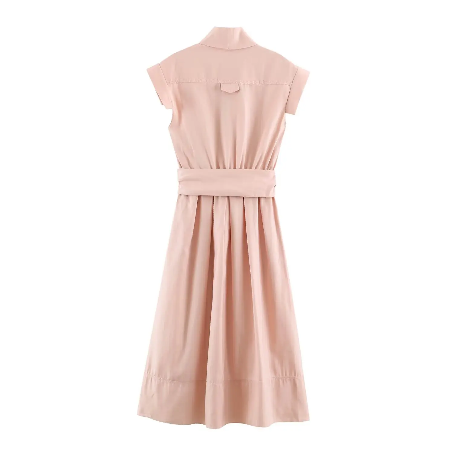 BSAY 2026 Women V Neck Cap Sleeve Midi Dress Self Tie Belt Waist Shirt Style A Line Solid Color Elegant Summer Casual Long Dress