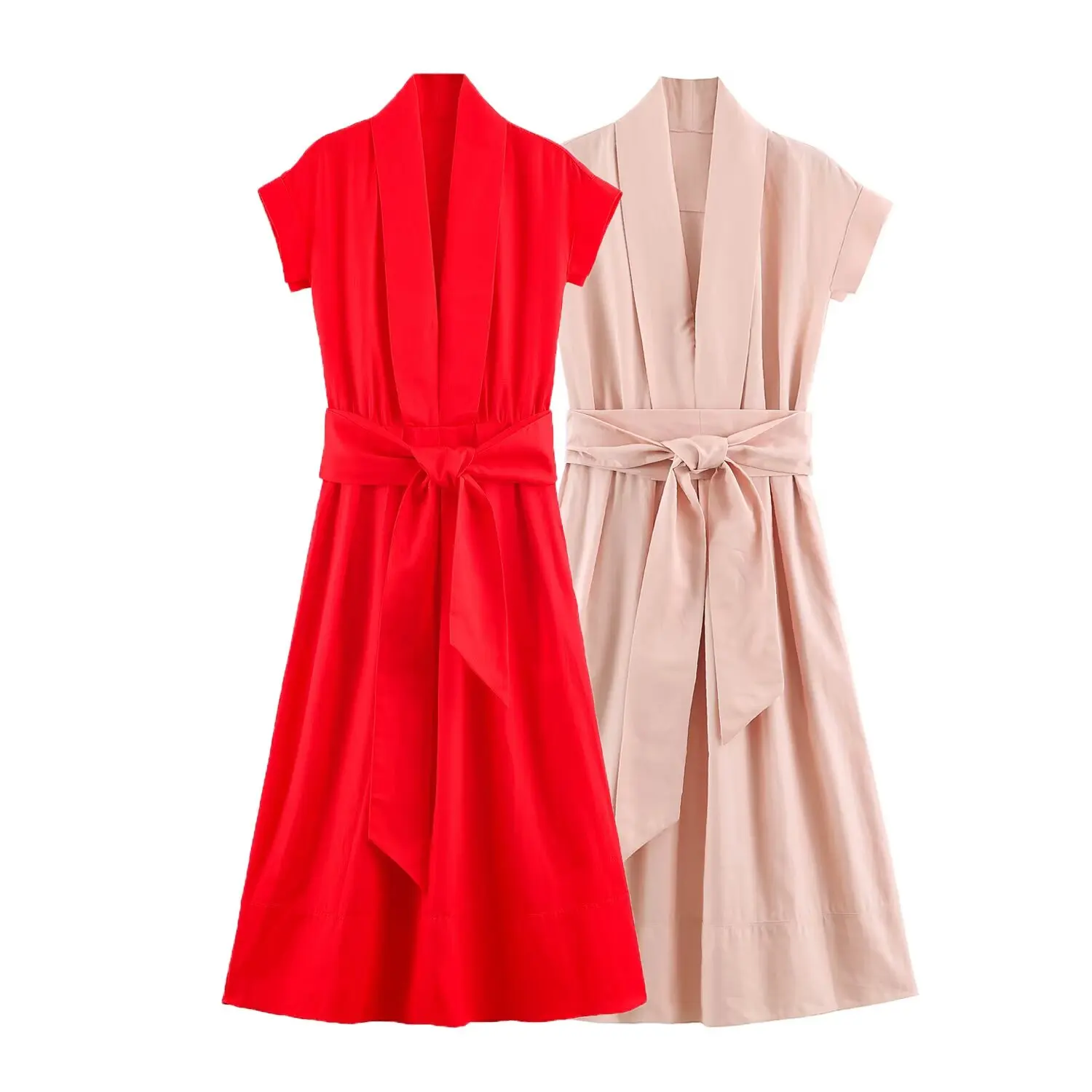 BSAY 2026 Women V Neck Cap Sleeve Midi Dress Self Tie Belt Waist Shirt Style A Line Solid Color Elegant Summer Casual Long Dress