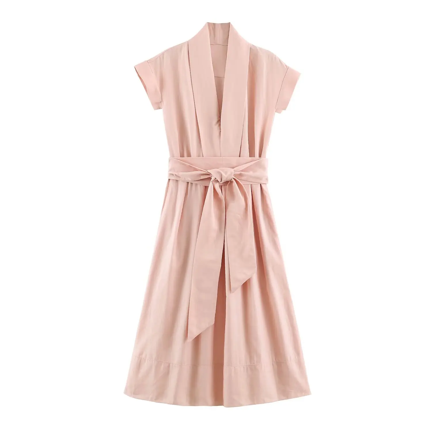BSAY 2026 Women V Neck Cap Sleeve Midi Dress Self Tie Belt Waist Shirt Style A Line Solid Color Elegant Summer Casual Long Dress