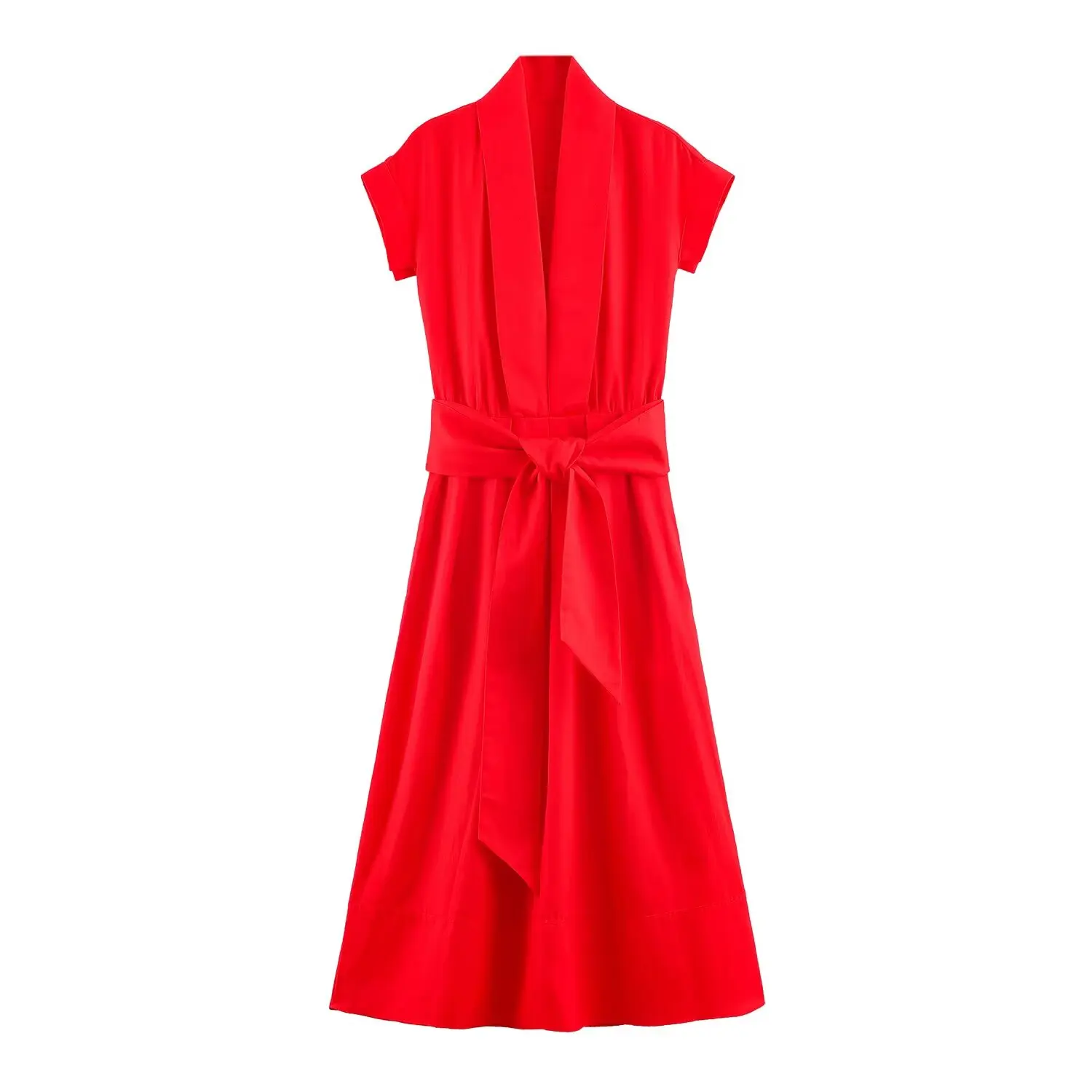 BSAY 2026 Women V Neck Cap Sleeve Midi Dress Self Tie Belt Waist Shirt Style A Line Solid Color Elegant Summer Casual Long Dress