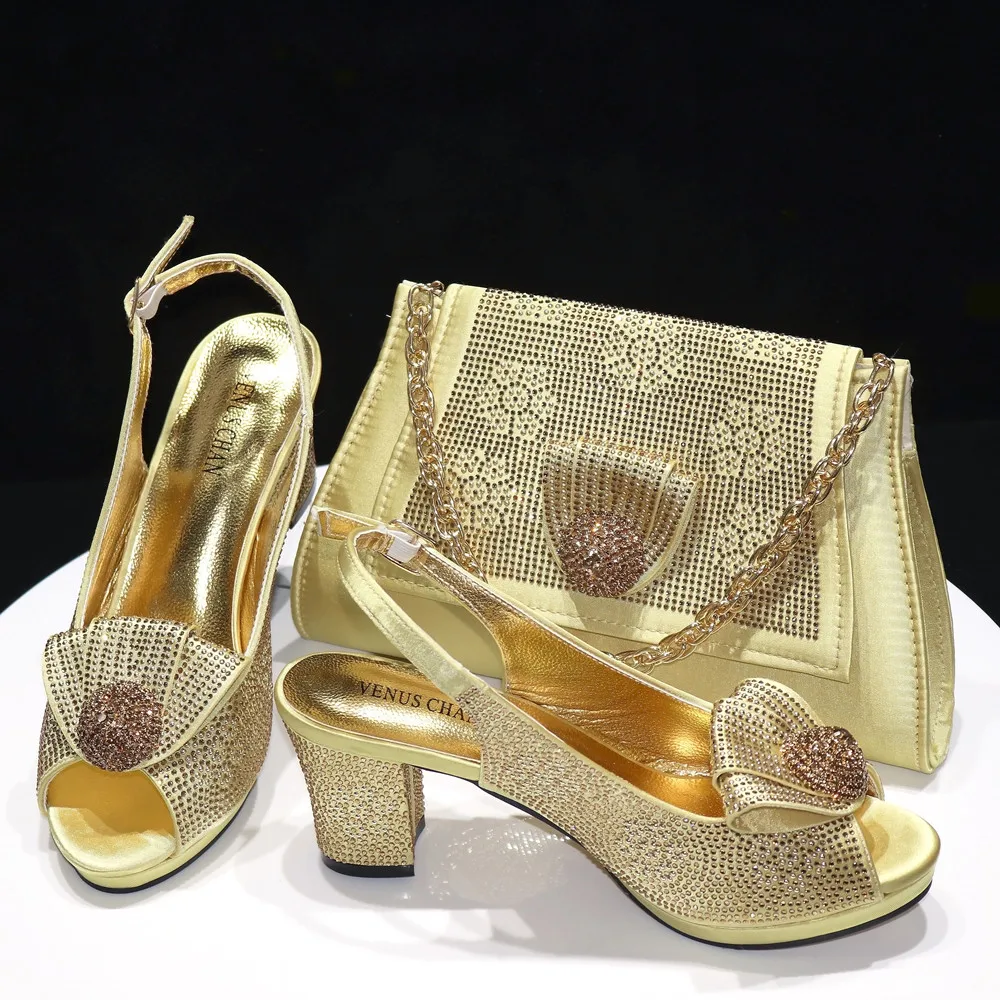 2026 Elegant Orange Peep-Toe Women Heel Pumps Italian Rhinestone Shoes & Bags Matching Set For Wedding Party Evening Occasions