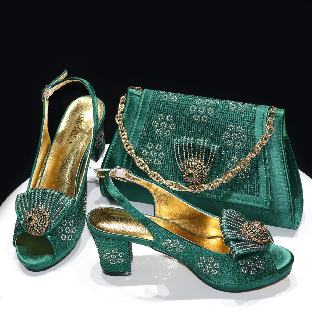 2026 Elegant Orange Peep-Toe Women Heel Pumps Italian Rhinestone Shoes & Bags Matching Set For Wedding Party Evening Occasions