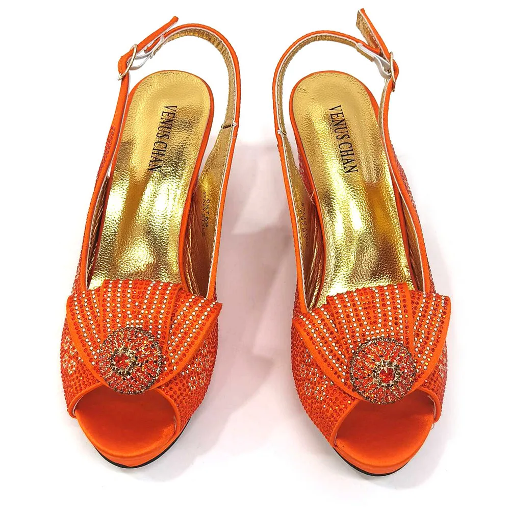 2026 Elegant Orange Peep-Toe Women Heel Pumps Italian Rhinestone Shoes & Bags Matching Set For Wedding Party Evening Occasions