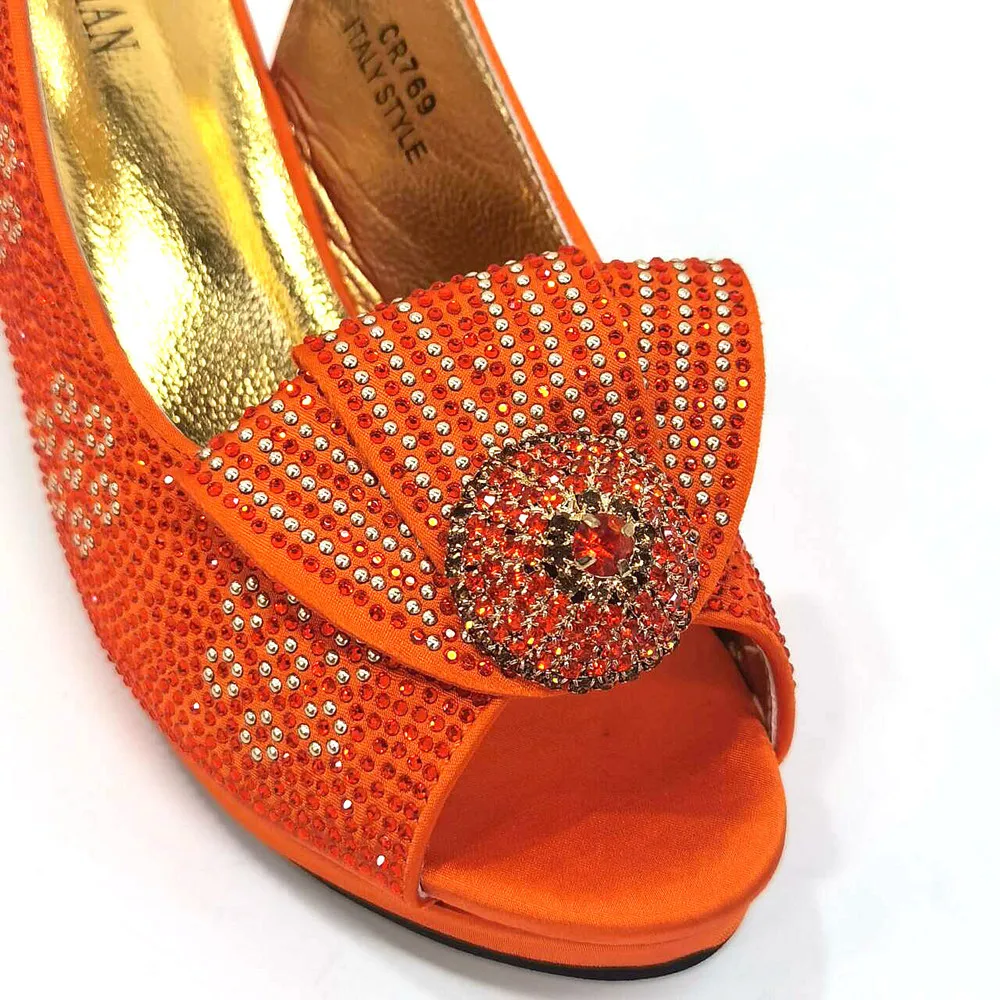 2026 Elegant Orange Peep-Toe Women Heel Pumps Italian Rhinestone Shoes & Bags Matching Set For Wedding Party Evening Occasions