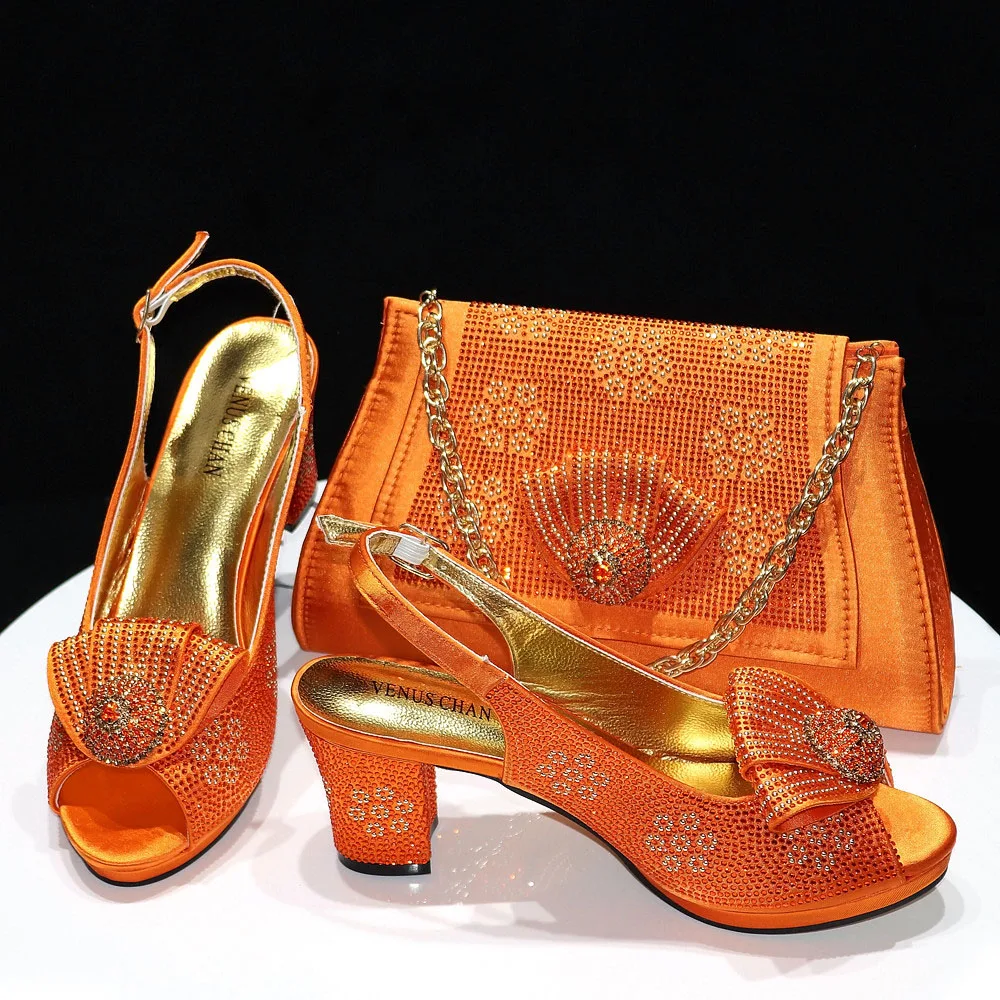 2026 Elegant Orange Peep-Toe Women Heel Pumps Italian Rhinestone Shoes & Bags Matching Set For Wedding Party Evening Occasions