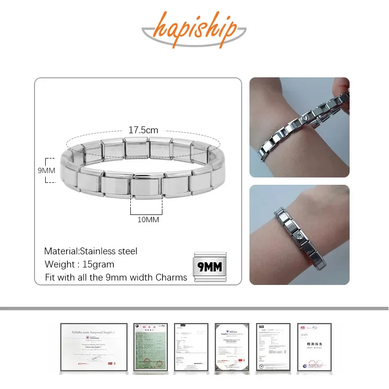 Hapiship 20Pcs 9mm Italian Charm Bracelet,Stainless Steel DIY Composable Chain,Solid‑Color,Wholesale Dropshipping for Men Women
