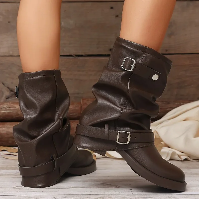 Autumn Women Slouch Mid Calf Cowboy Boots Double Metal Buckle Straps Leather Block Heel Shoes Motorcycle Short Boots