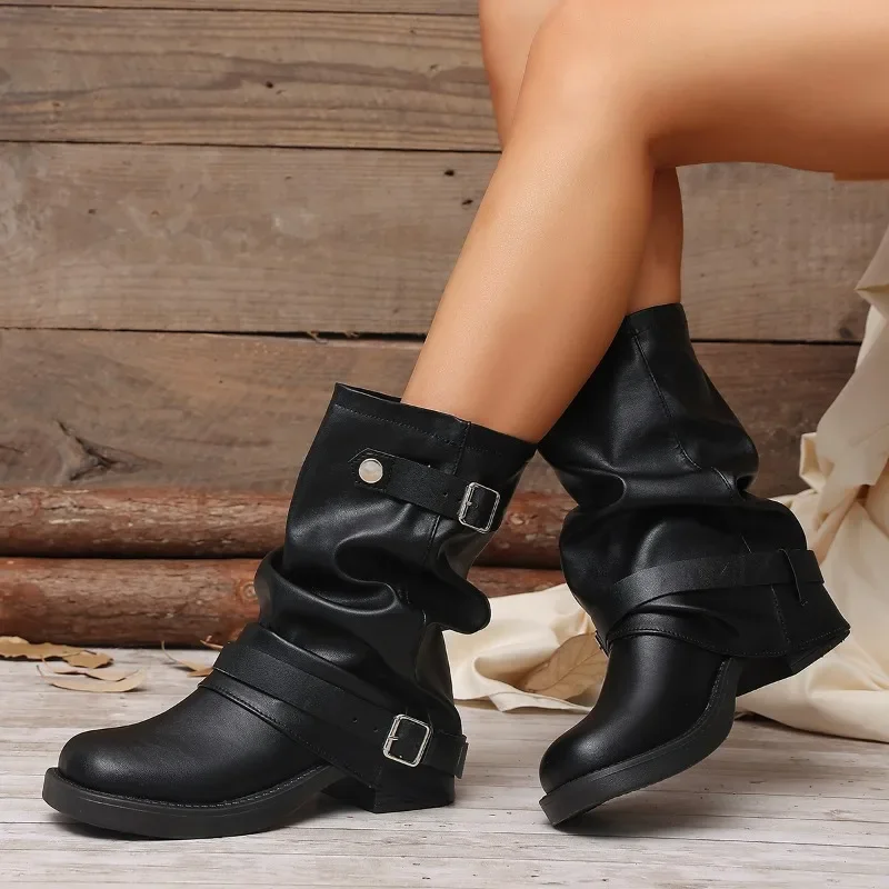 Autumn Women Slouch Mid Calf Cowboy Boots Double Metal Buckle Straps Leather Block Heel Shoes Motorcycle Short Boots