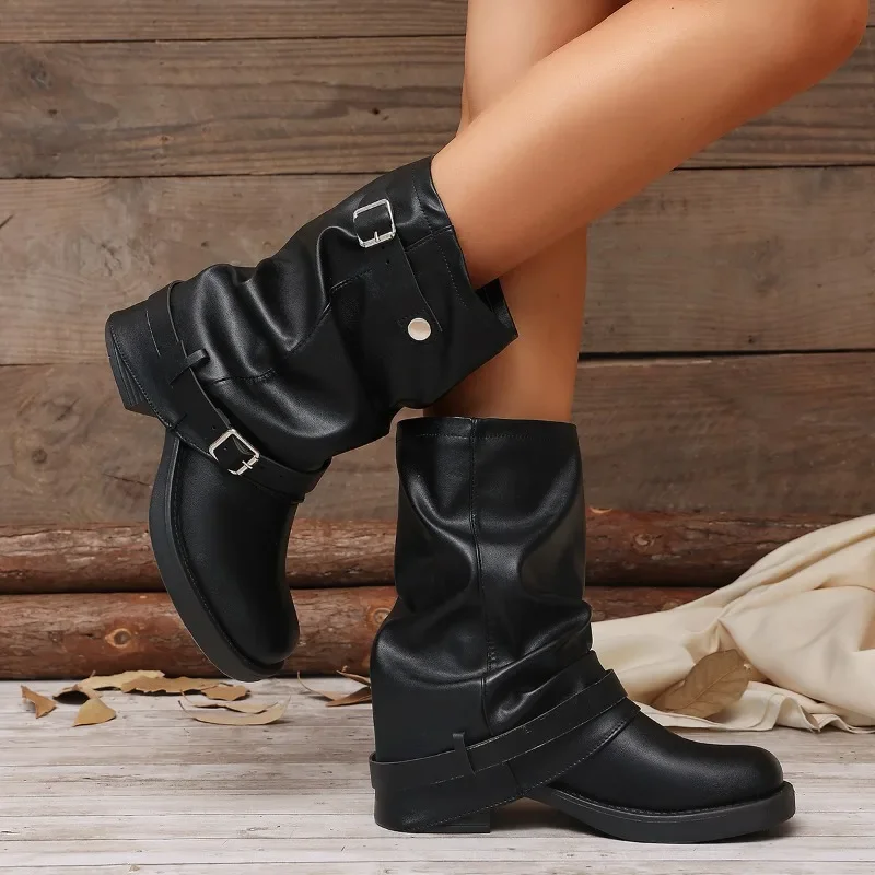 Autumn Women Slouch Mid Calf Cowboy Boots Double Metal Buckle Straps Leather Block Heel Shoes Motorcycle Short Boots