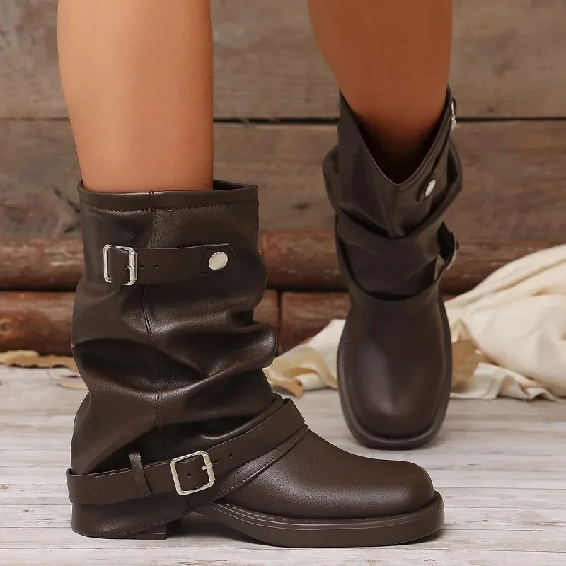 Autumn Women Slouch Mid Calf Cowboy Boots Double Metal Buckle Straps Leather Block Heel Shoes Motorcycle Short Boots