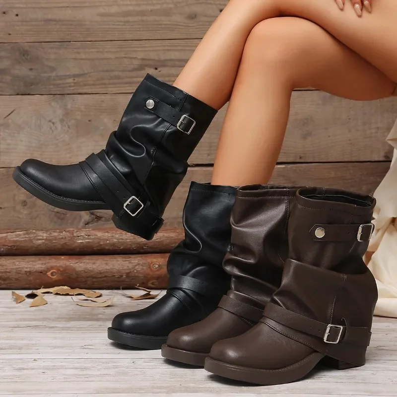 Autumn Women Slouch Mid Calf Cowboy Boots Double Metal Buckle Straps Leather Block Heel Shoes Motorcycle Short Boots