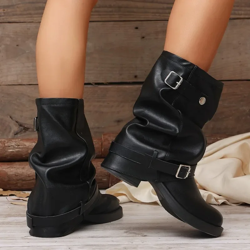 Autumn Women Slouch Mid Calf Cowboy Boots Double Metal Buckle Straps Leather Block Heel Shoes Motorcycle Short Boots