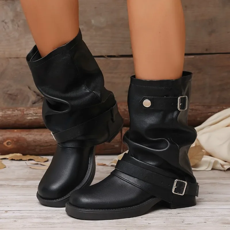 Autumn Women Slouch Mid Calf Cowboy Boots Double Metal Buckle Straps Leather Block Heel Shoes Motorcycle Short Boots